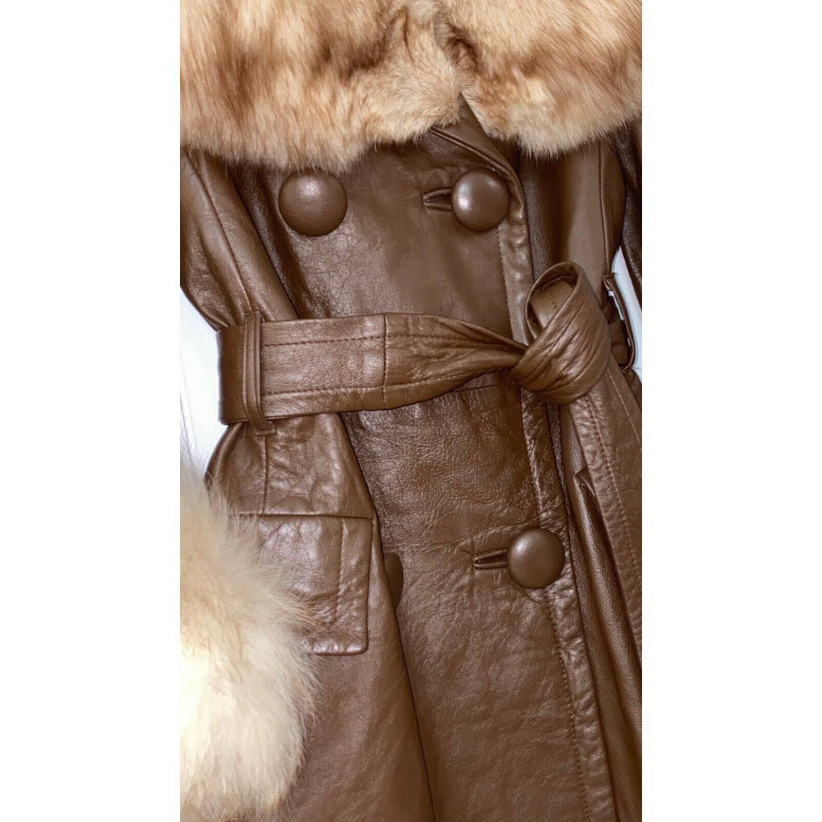 Vintage Deadstock 60s Brown Leather Fox Fur Penny Lane Coat Mod Glamour Golét - Image 4