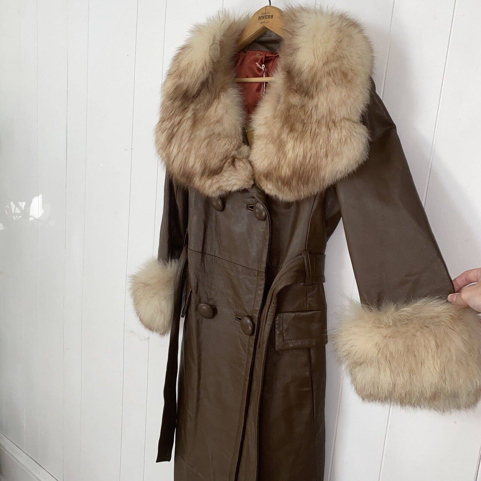 Vintage Deadstock 60s Brown Leather Fox Fur Penny Lane Coat Mod Glamour Golét - Image 7