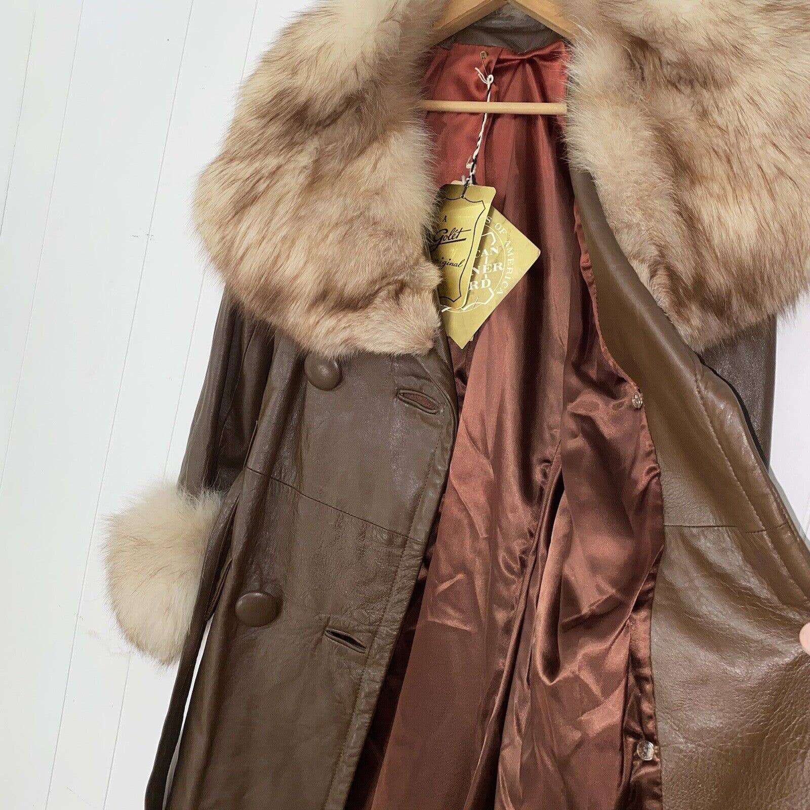 Vintage Deadstock 60s Brown Leather Fox Fur Penny Lane Coat Mod Glamour Golét - Image 8