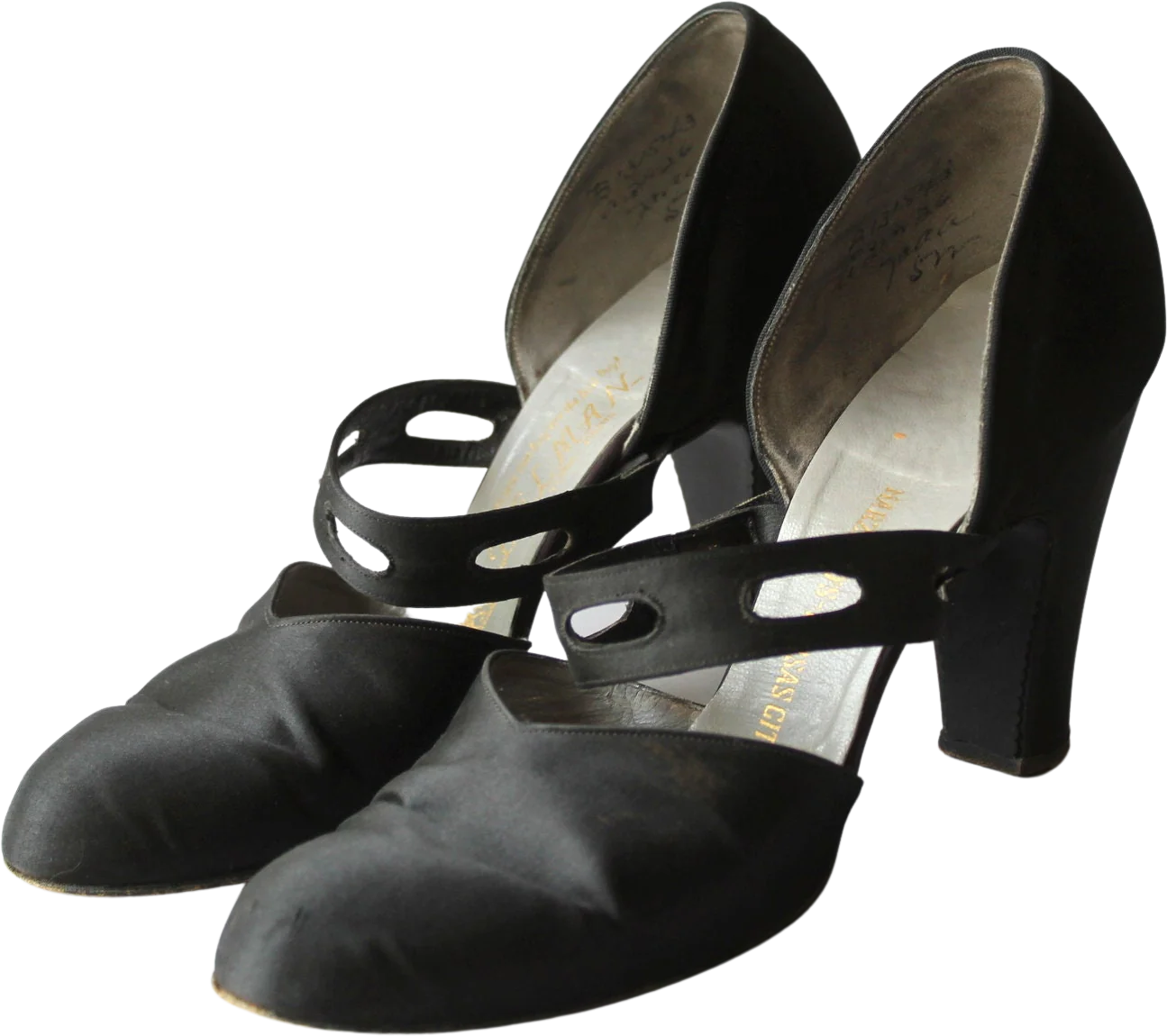 Vintage Delman 20s 30s Black Satin Cutout Strap Art Deco High Heels by Delman, Harzfeld's