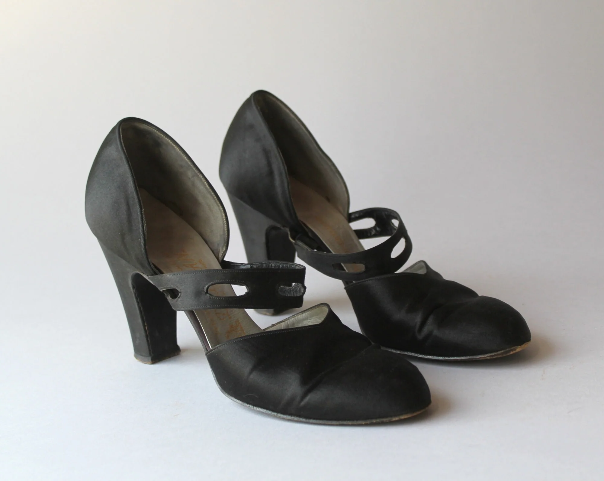 Vintage Delman 20s 30s Black Satin Cutout Strap Art Deco High Heels by Delman, Harzfeld's - Image 2
