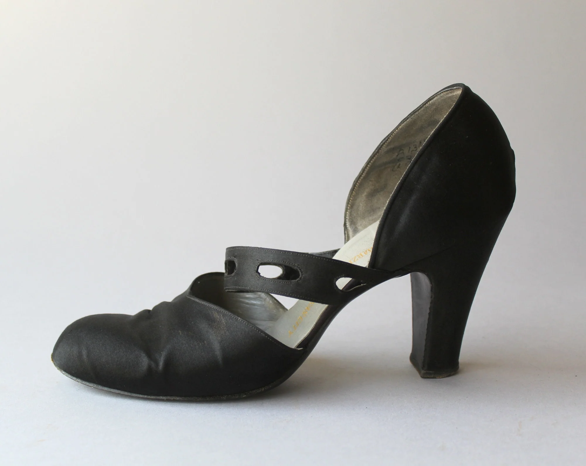 Vintage Delman 20s 30s Black Satin Cutout Strap Art Deco High Heels by Delman, Harzfeld's - Image 3