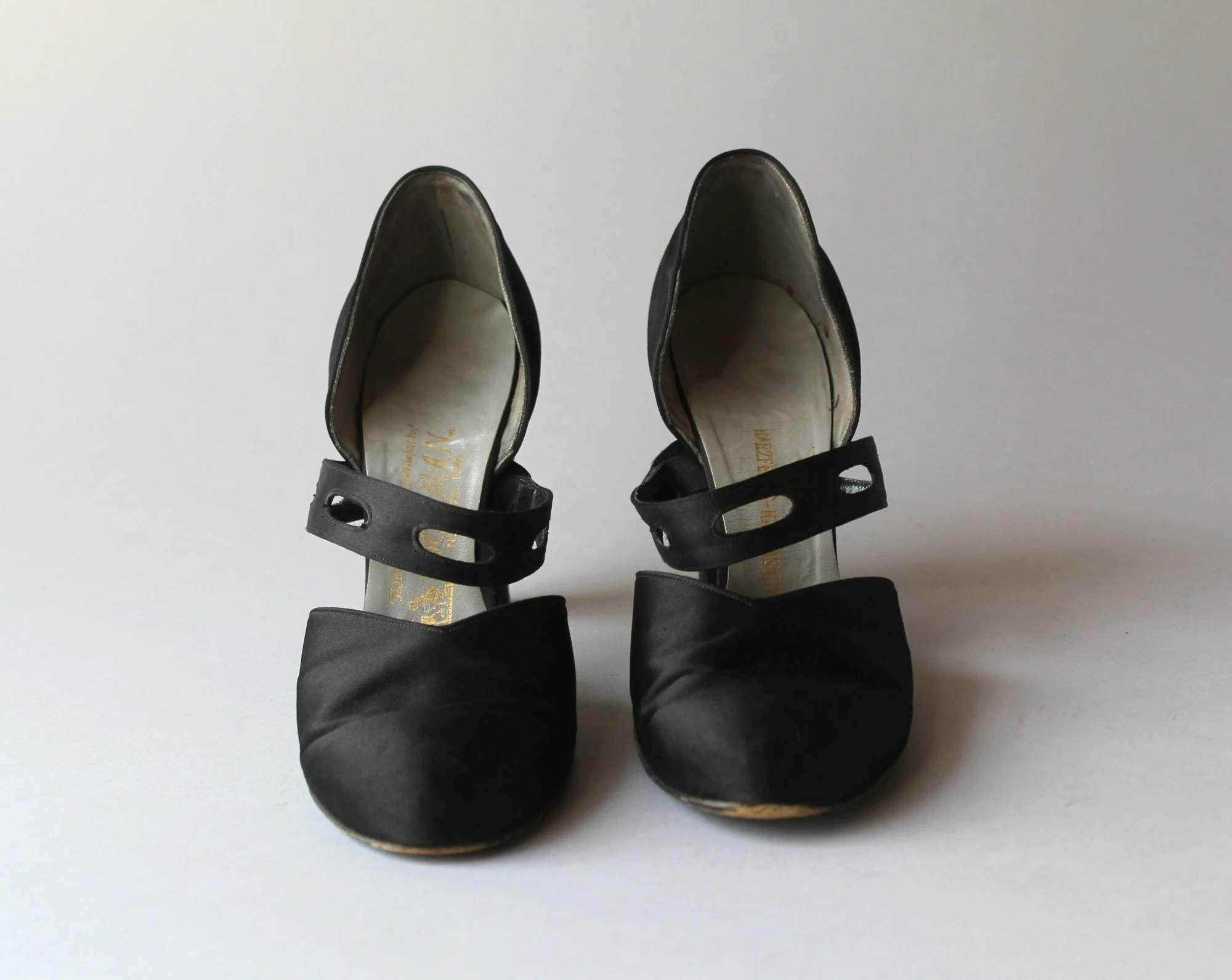 Vintage Delman 20s 30s Black Satin Cutout Strap Art Deco High Heels by Delman, Harzfeld's - Image 4