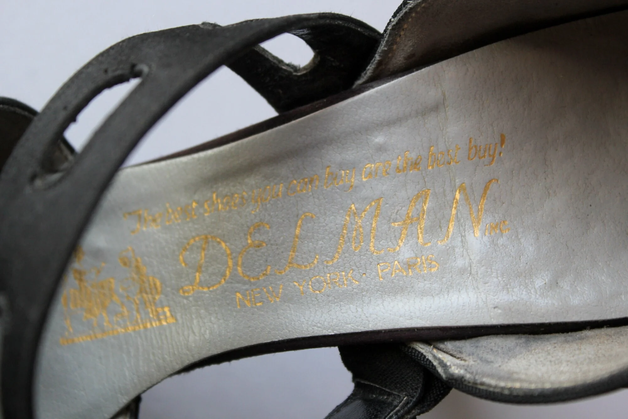 Vintage Delman 20s 30s Black Satin Cutout Strap Art Deco High Heels by Delman, Harzfeld's - Image 5