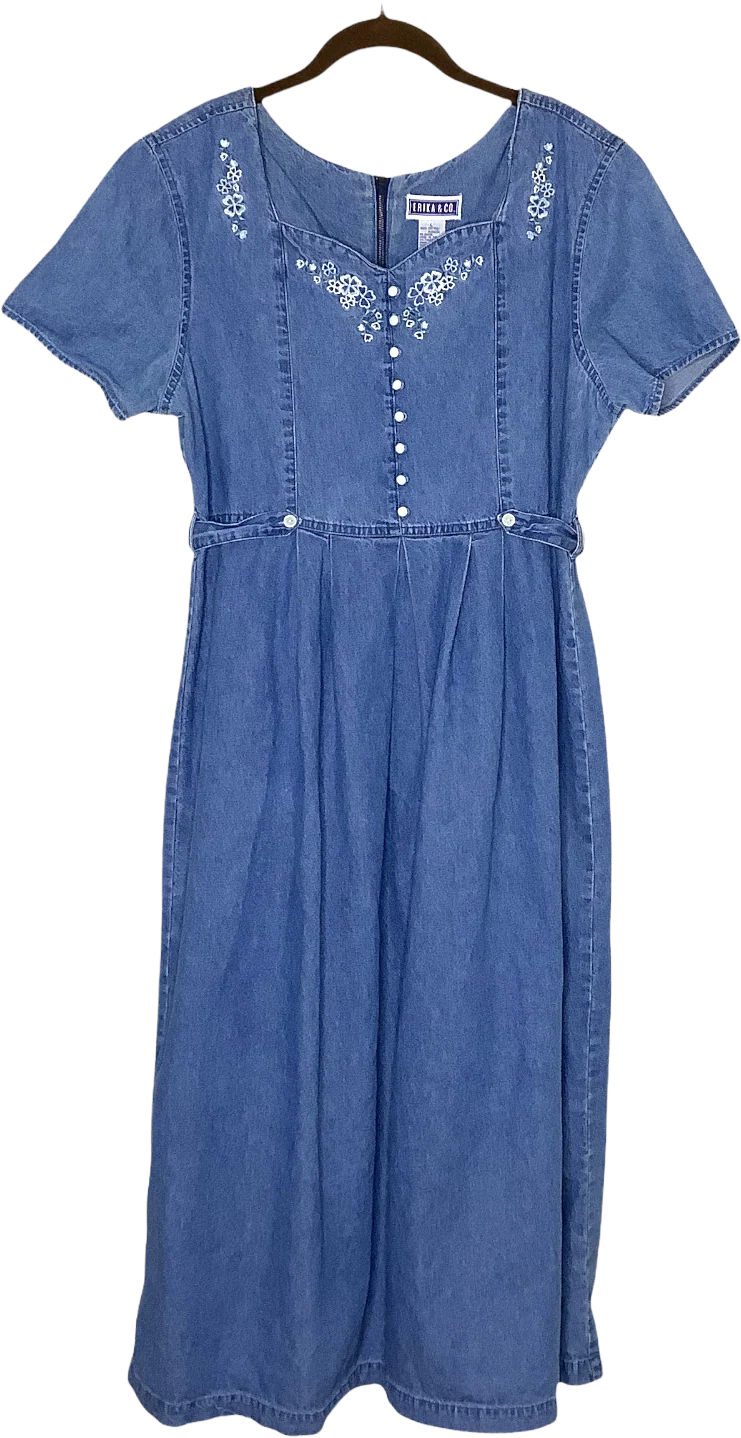 Vintage Denim Dress 80s 90s Stone Wash Button Embroidered Floral Short Sleeve L by Erika & Co