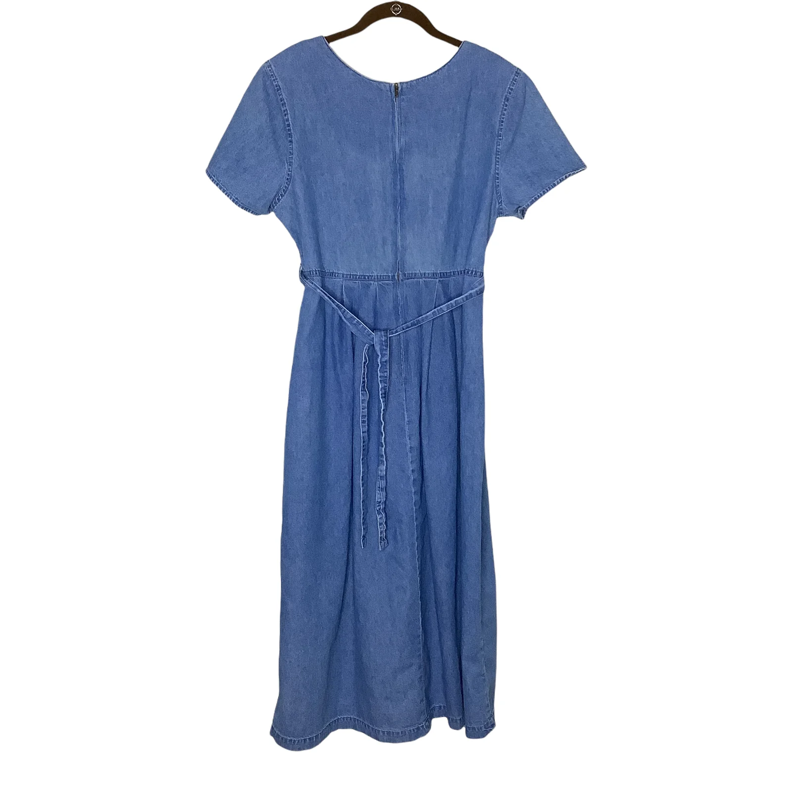 Vintage Denim Dress 80s 90s Stone Wash Button Embroidered Floral Short Sleeve L by Erika & Co - Image 2
