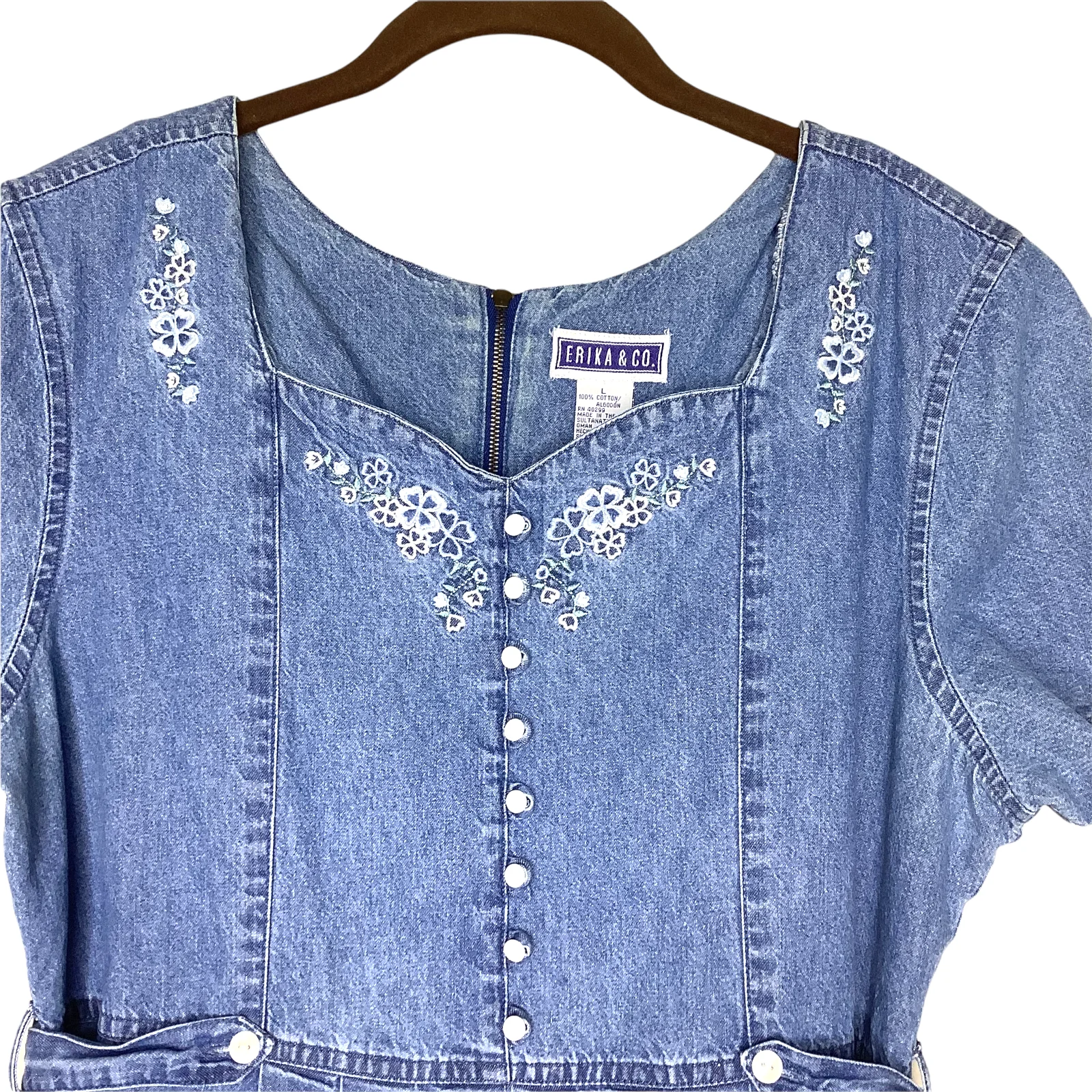 Vintage Denim Dress 80s 90s Stone Wash Button Embroidered Floral Short Sleeve L by Erika & Co - Image 3