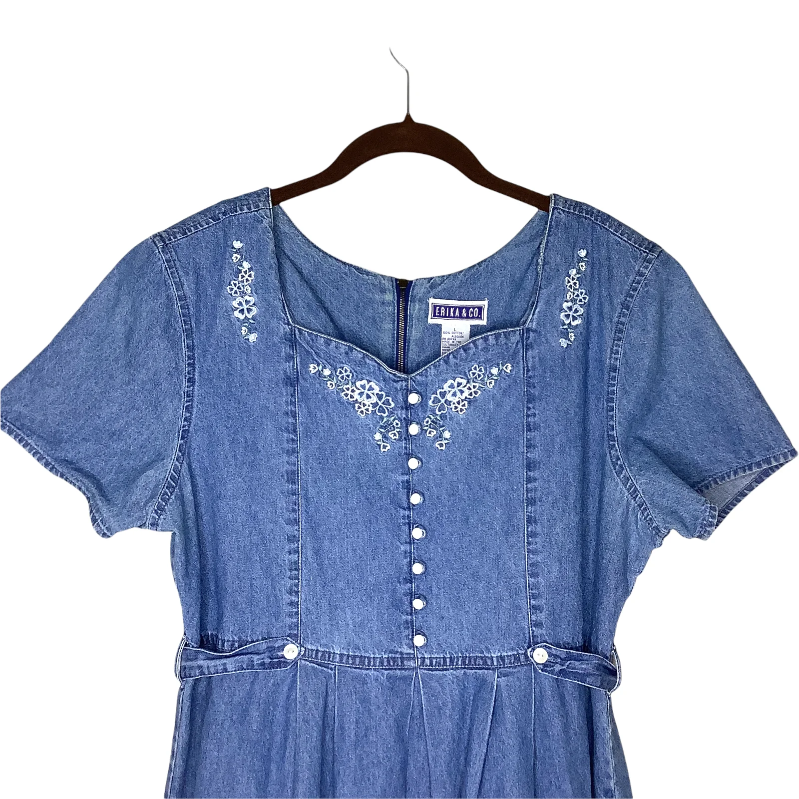 Vintage Denim Dress 80s 90s Stone Wash Button Embroidered Floral Short Sleeve L by Erika & Co - Image 6