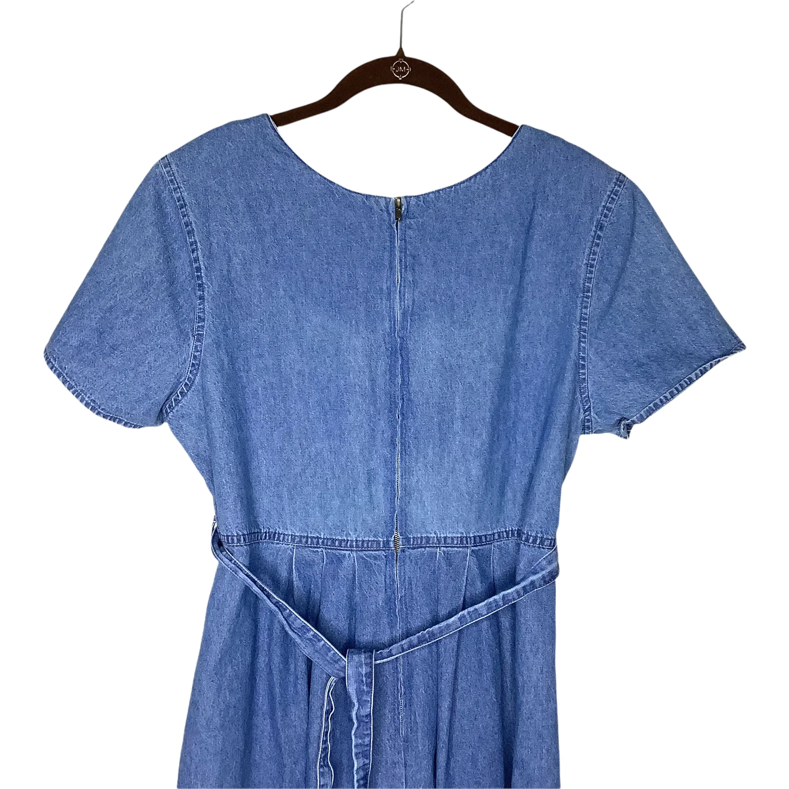 Vintage Denim Dress 80s 90s Stone Wash Button Embroidered Floral Short Sleeve L by Erika & Co - Image 7