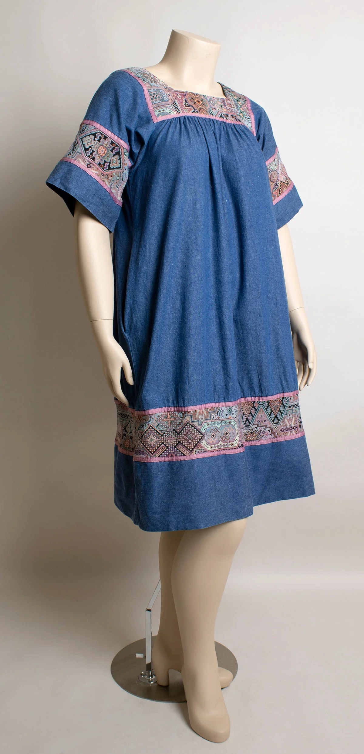 Vintage Denim Jean Dress Tunic Tent Style with Embroidered Bib and Hem - Image 3