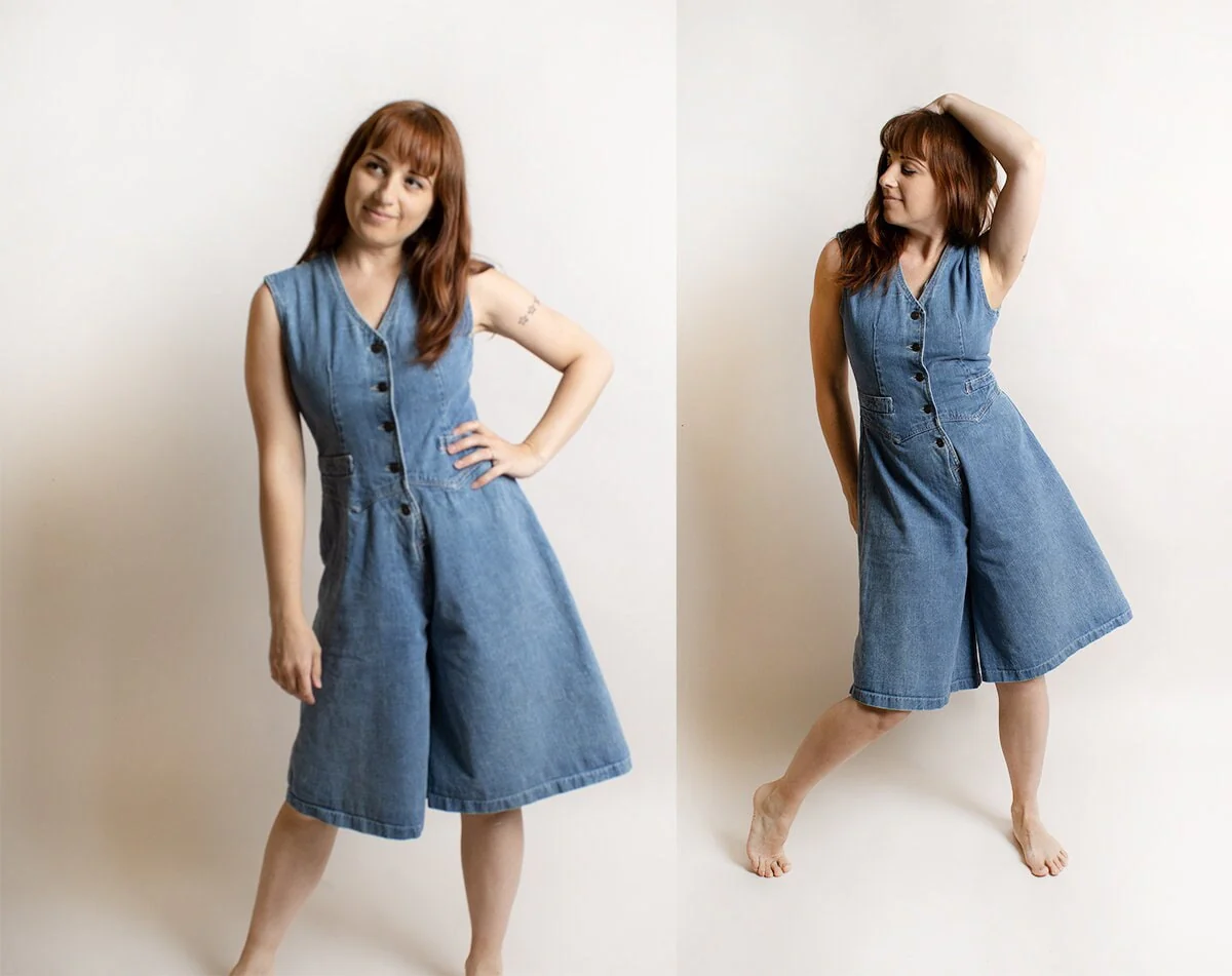 Vintage Denim Jumpsuit 80s 90s Culottes Shorts Vest Bodice Wide Leg Blue Jeans by Chaus - Image 3