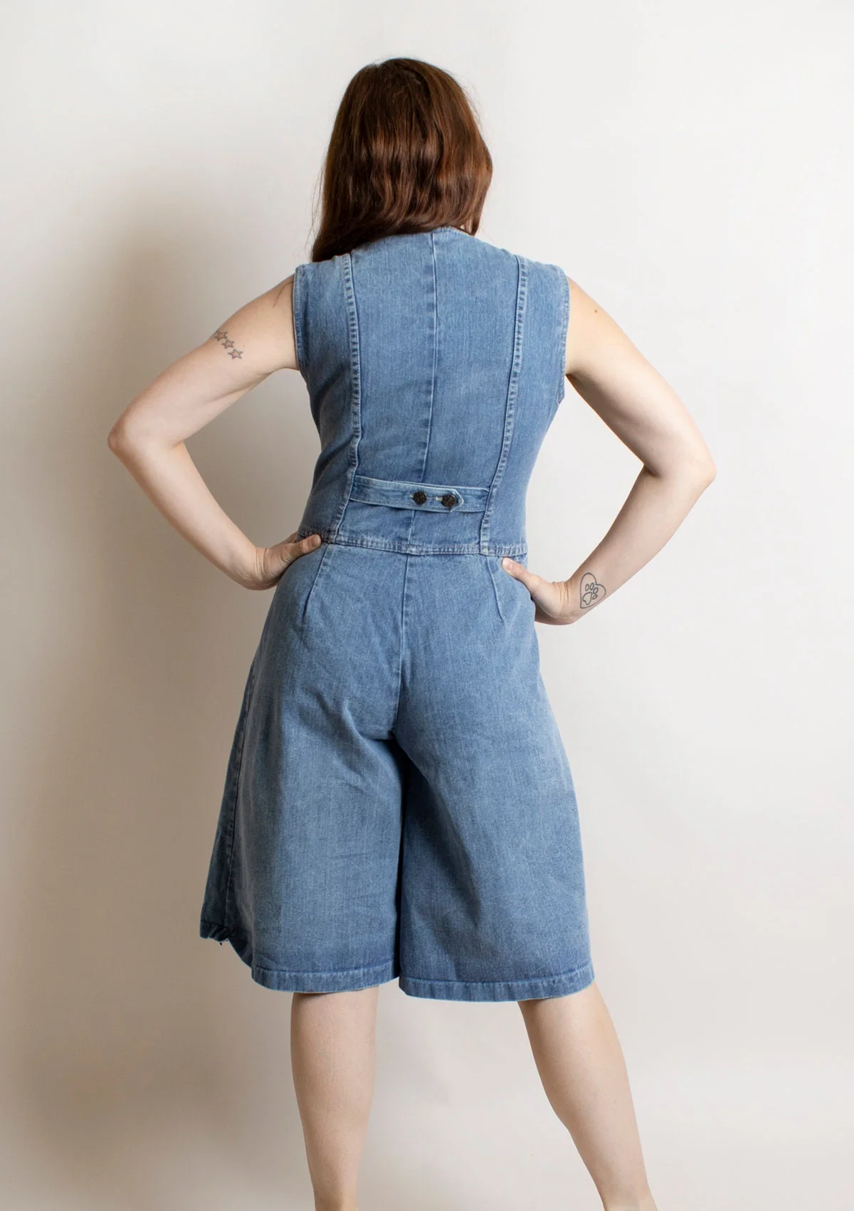 Vintage Denim Jumpsuit 80s 90s Culottes Shorts Vest Bodice Wide Leg Blue Jeans by Chaus - Image 4