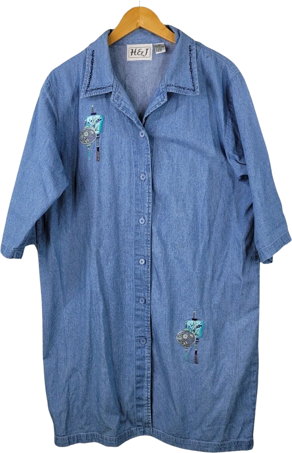 Vintage Denim Shirt Dress Size Xl Blue Jean Embroidered Jacket Button Up Lantern by H&J