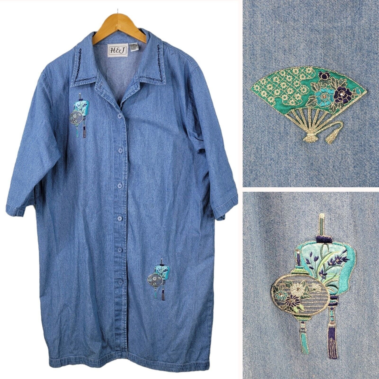 Vintage Denim Shirt Dress Size Xl Blue Jean Embroidered Jacket Button Up Lantern by H&J - Image 3