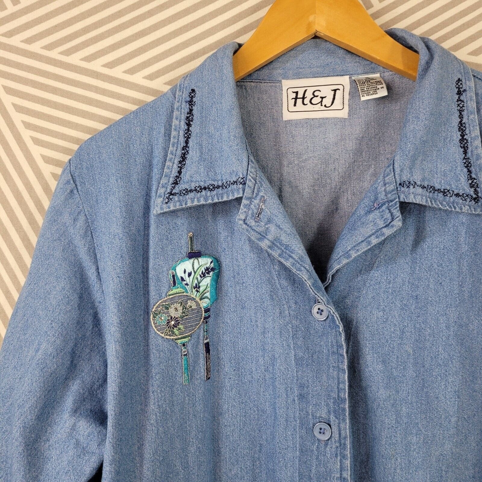 Vintage Denim Shirt Dress Size Xl Blue Jean Embroidered Jacket Button Up Lantern by H&J - Image 4