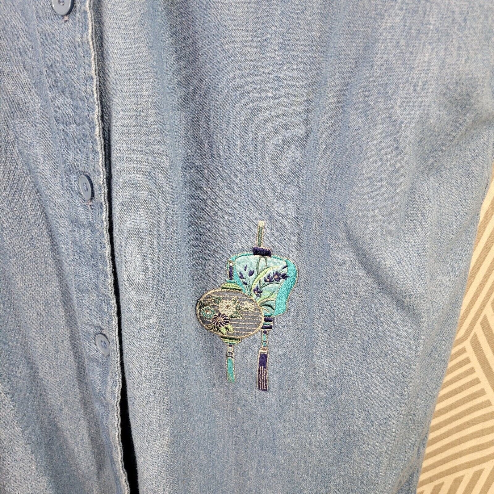 Vintage Denim Shirt Dress Size Xl Blue Jean Embroidered Jacket Button Up Lantern by H&J - Image 6