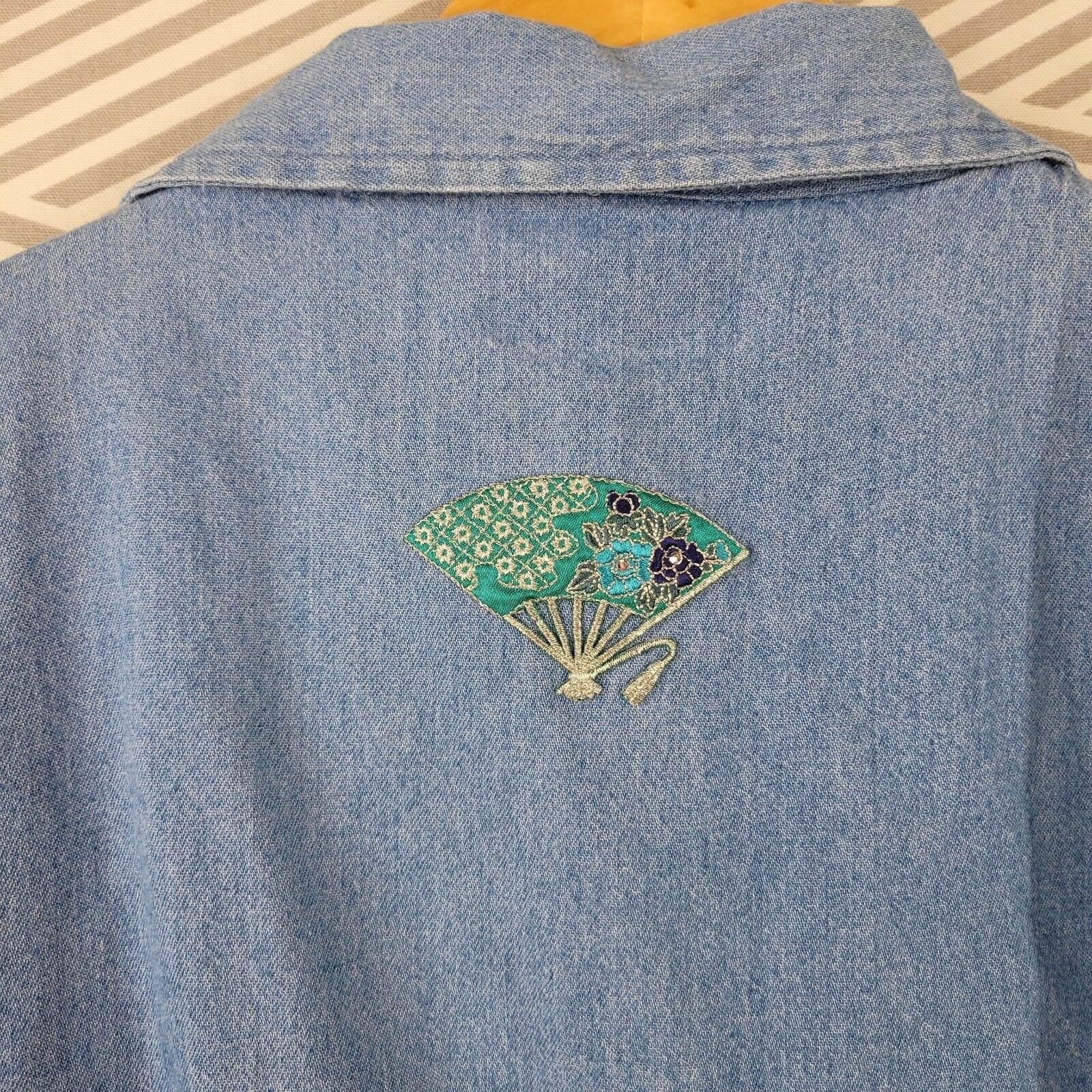 Vintage Denim Shirt Dress Size Xl Blue Jean Embroidered Jacket Button Up Lantern by H&J - Image 7