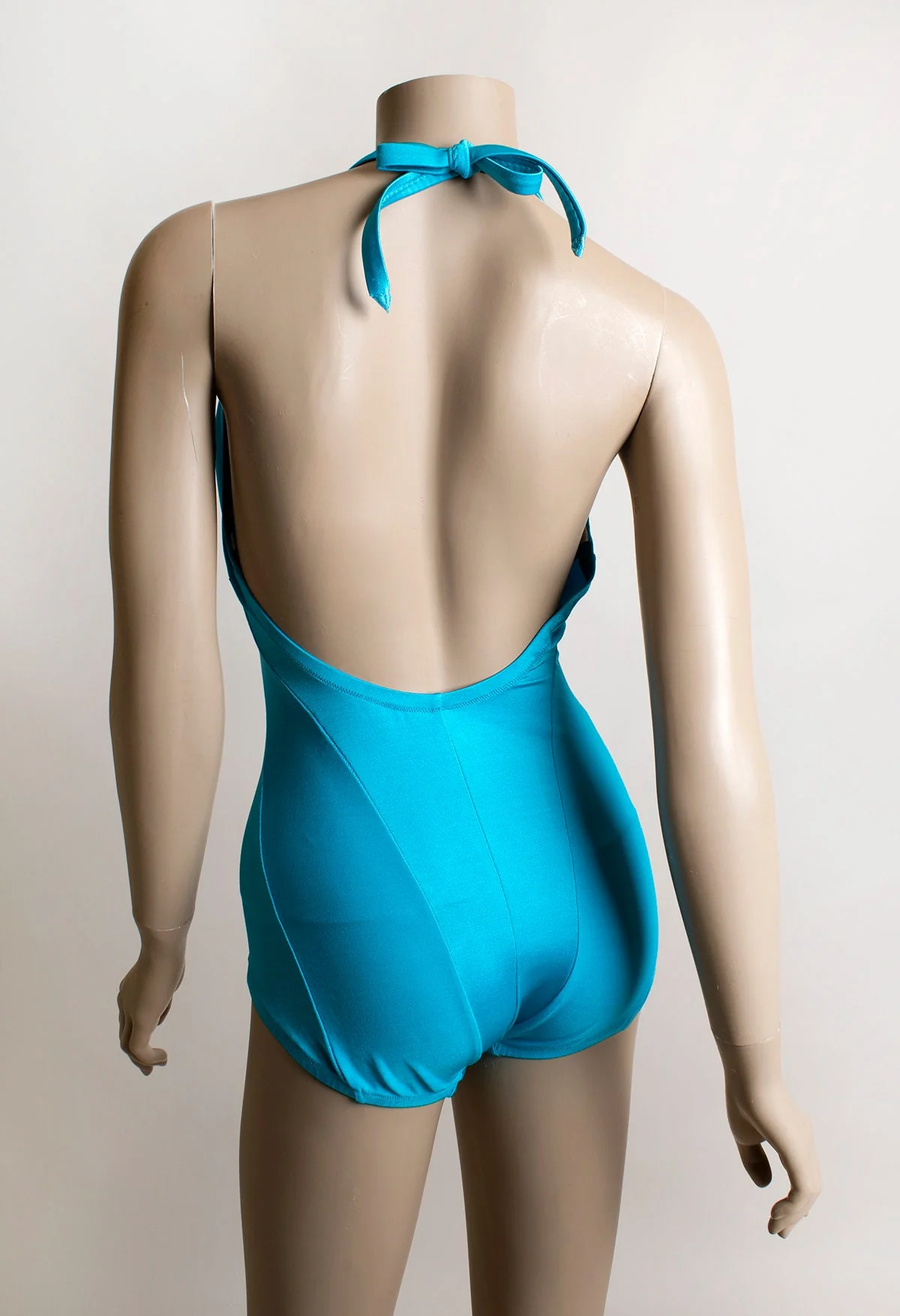 Vintage Deweese Designs Bathing Suit Turquoise Teal Blue One Piece Maillot with Halter Tie Neck Stripe Panel Design Small by DeWeese - Image 2