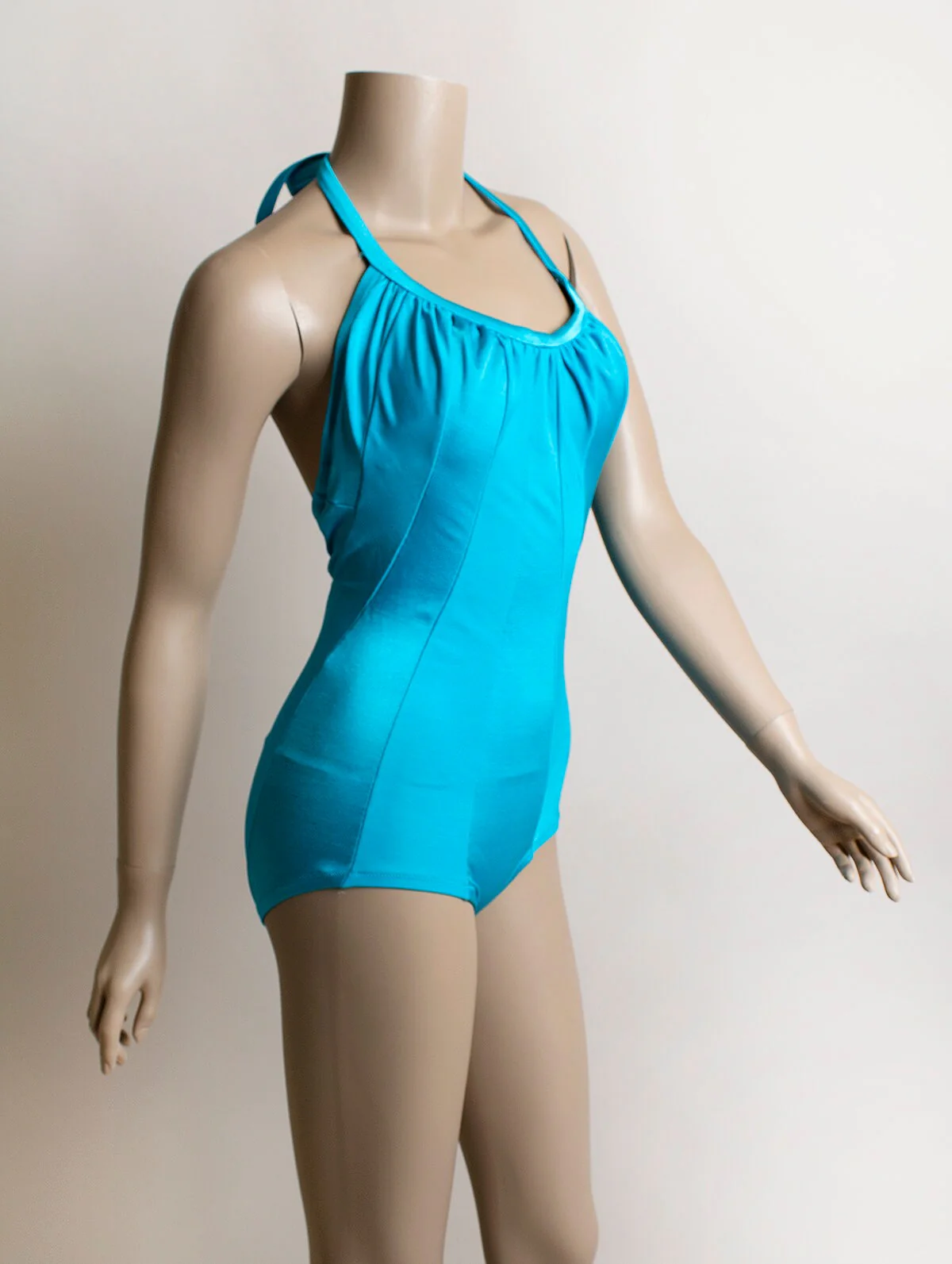Vintage Deweese Designs Bathing Suit Turquoise Teal Blue One Piece Maillot with Halter Tie Neck Stripe Panel Design Small by DeWeese - Image 3