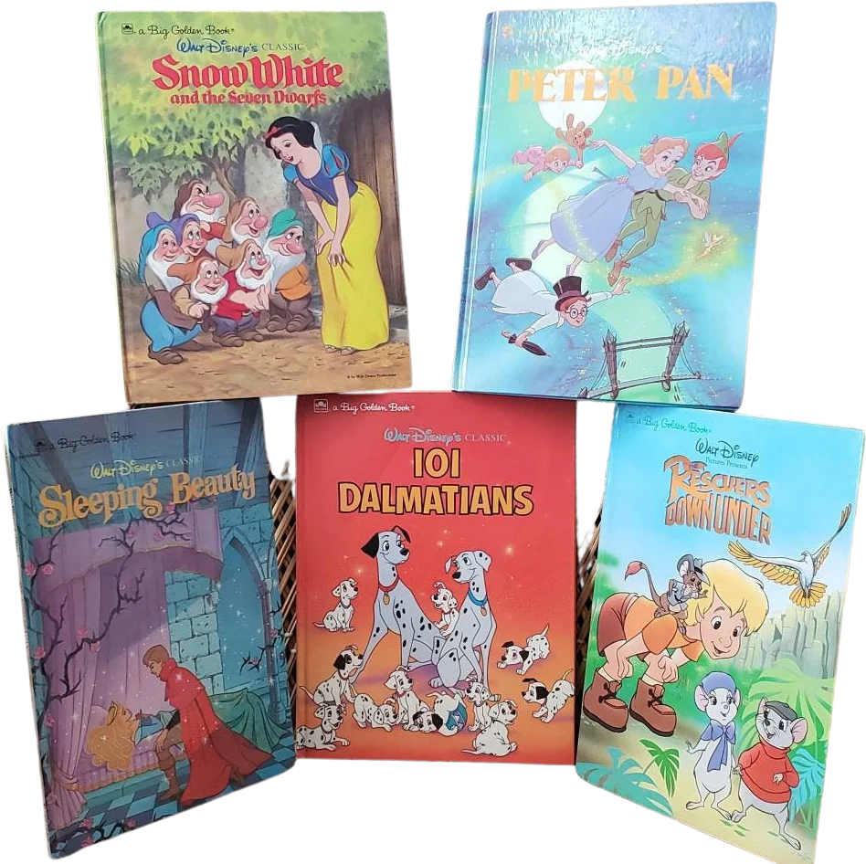 Vintage Disney Big Golden Books Set of 5 Peter Pan Sleeping Beauty 101 Dalmatians Snow White and The Rescuers Down Under by Walt Disney
