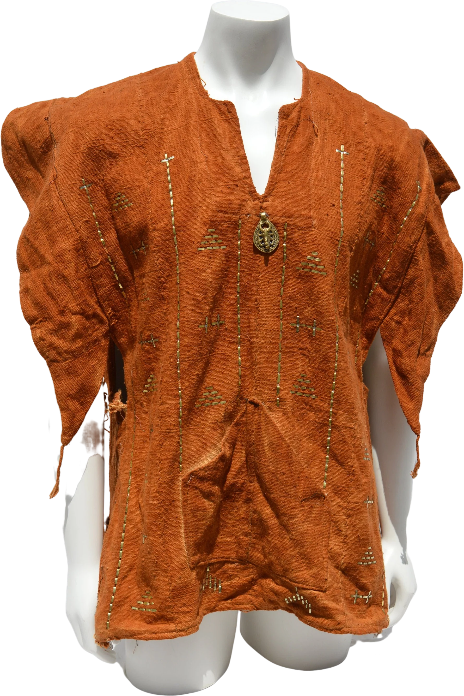 Vintage Dogon Mud Cloth Hunter's Mali Dogon Shirt Kanaga Symbol, Brown with Metal Embroidery Men's Xl by Tribal Treasures