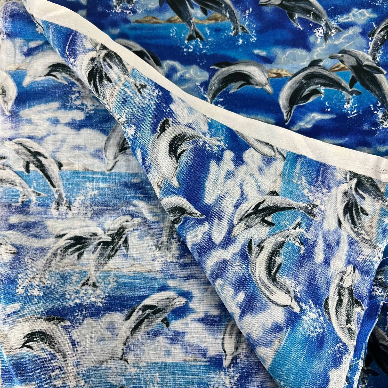Vintage Dolphin Ocean Blue Fabric Remnant Mcm 42"x112" by Hoffman International - Image 4
