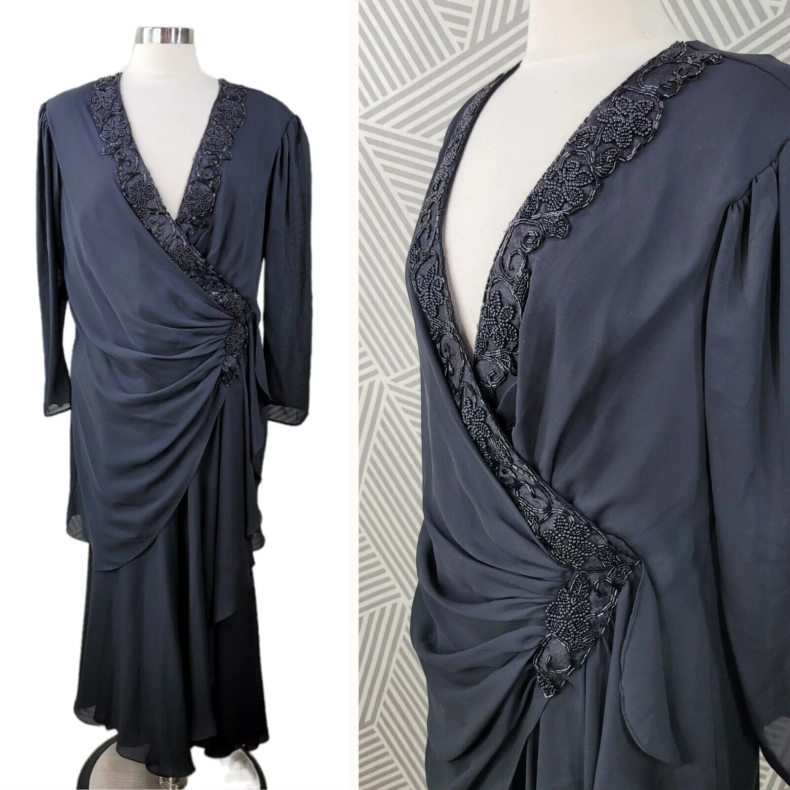Vintage Drape Dress Size 16 Hostess Evening Midi Old Hollywood Glamour Beaded - Image 2