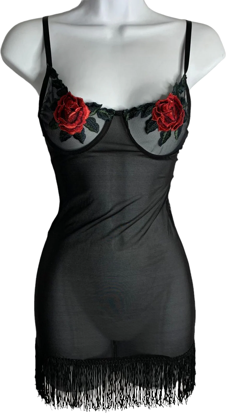 Vintage Dreamgirl Lingerie Sheer Chemise S Black Embroidered Roses Fringe Ribbon by Dreamgirl