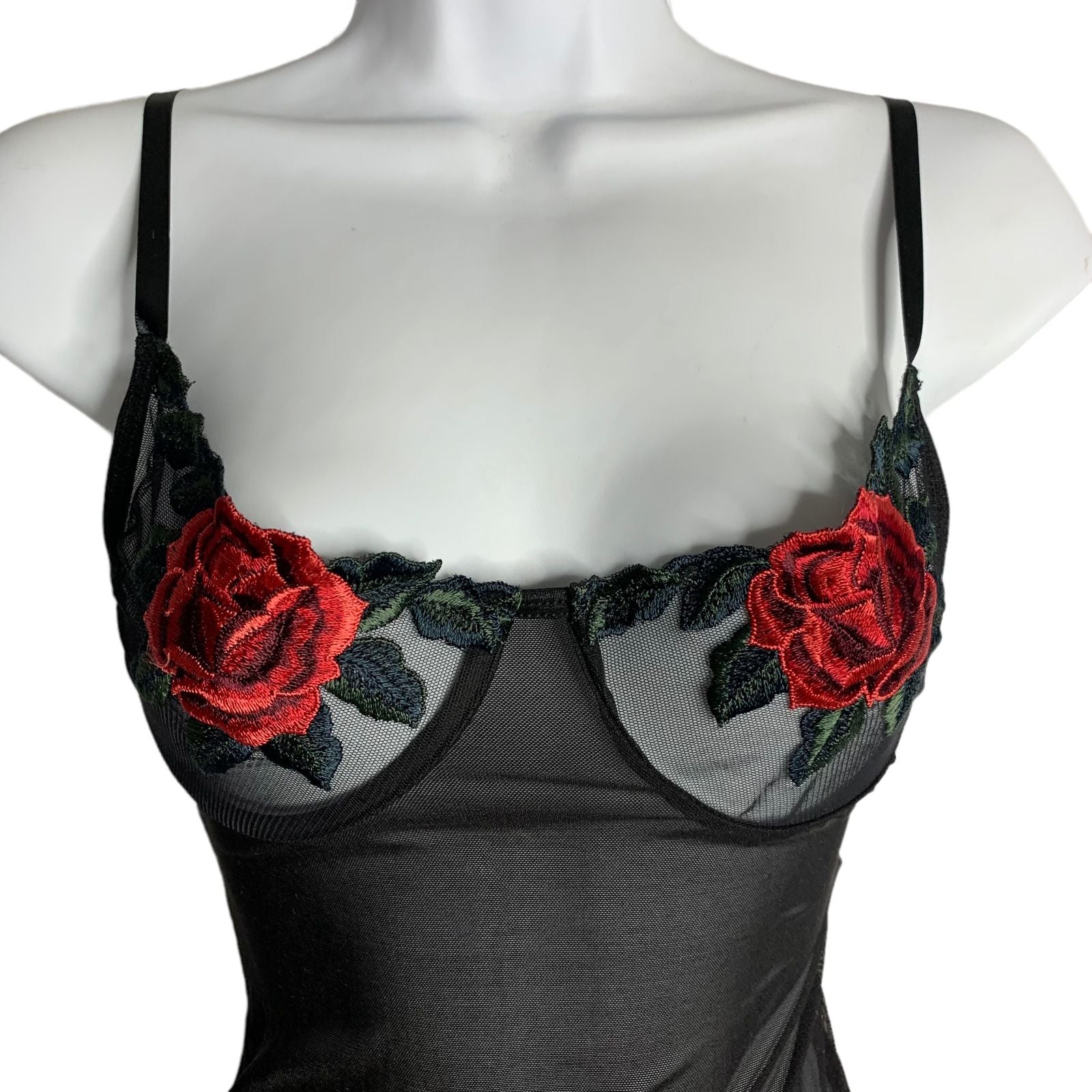 Vintage Dreamgirl Lingerie Sheer Chemise S Black Embroidered Roses Fringe Ribbon by Dreamgirl - Image 2