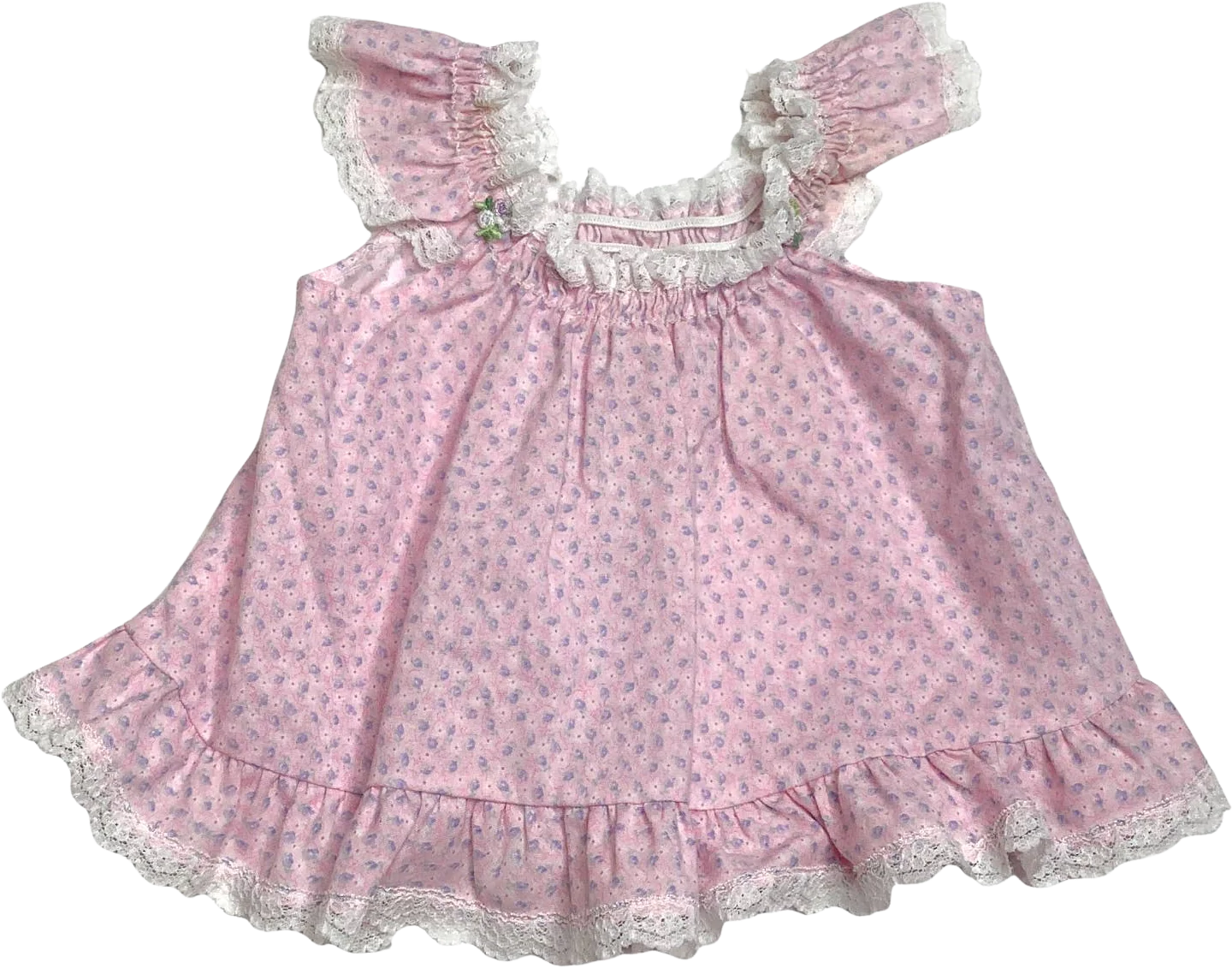 Vintage Dress 6-9 Months 70s 80s Pink Floral White Lace Trim Ruffle Sleeveless