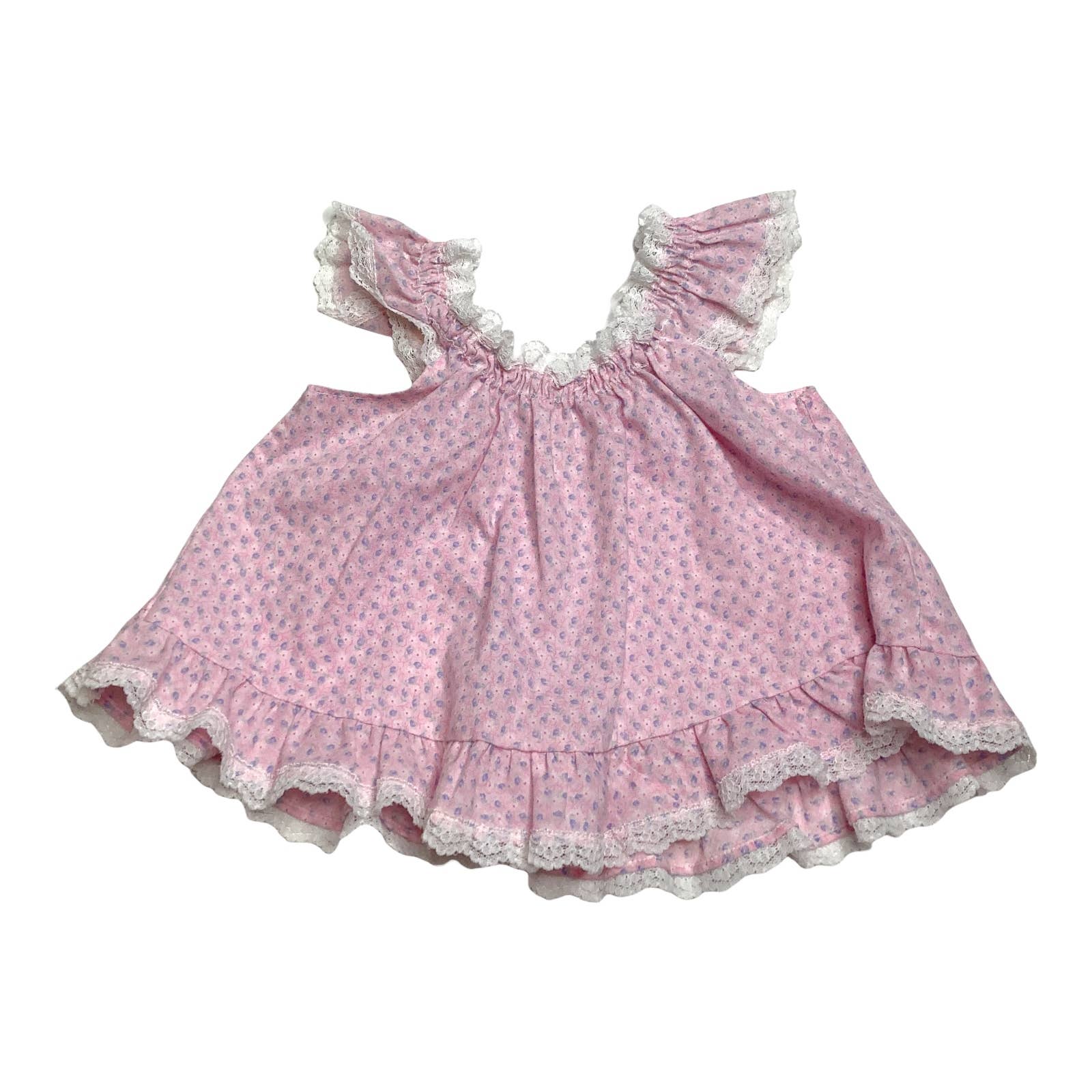 Vintage Dress 6-9 Months 70s 80s Pink Floral White Lace Trim Ruffle Sleeveless - Image 2