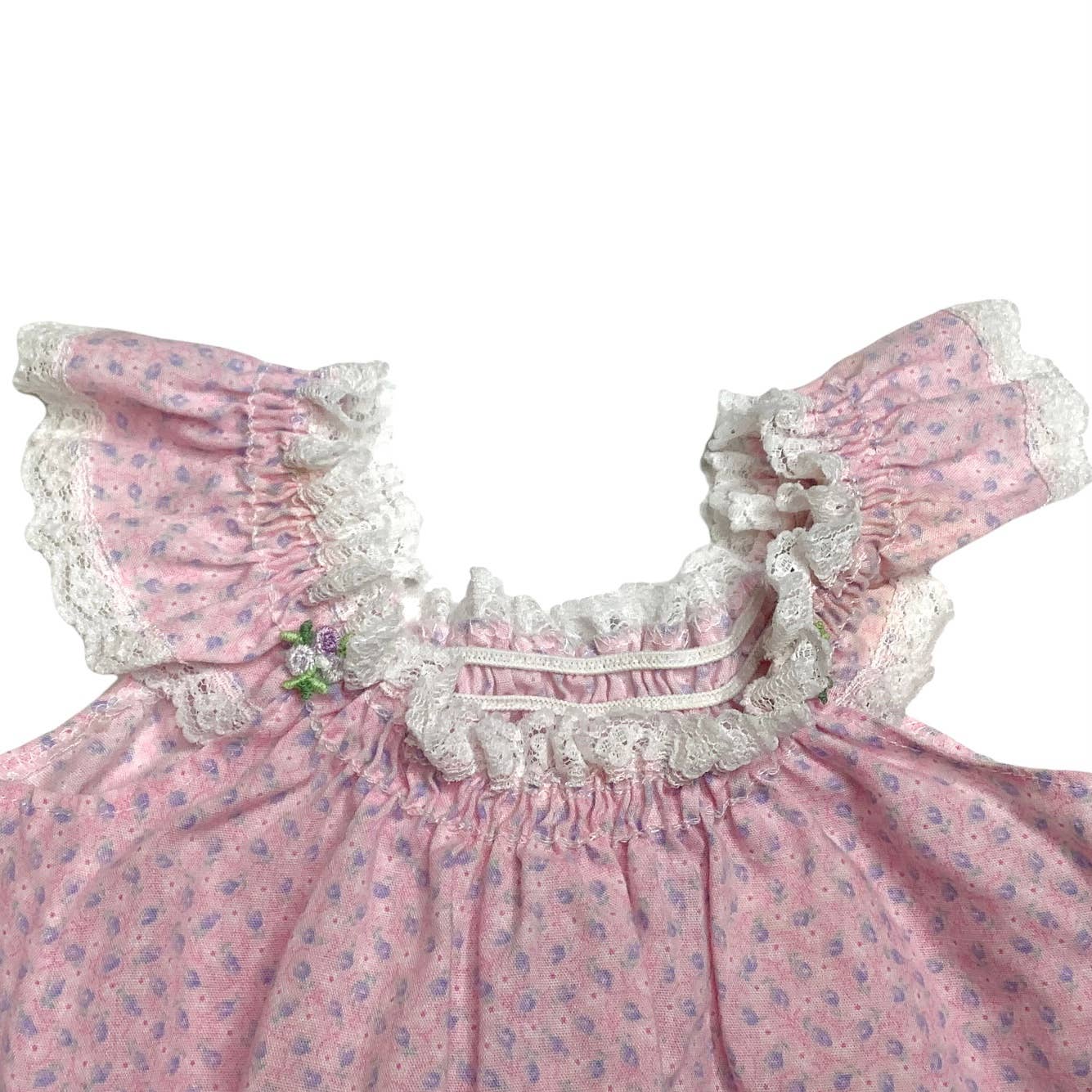 Vintage Dress 6-9 Months 70s 80s Pink Floral White Lace Trim Ruffle Sleeveless - Image 3