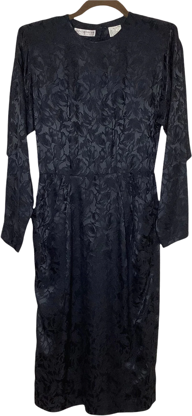 Vintage Dress 6p Floral Embossed Silk Sheath Long Sleeve Pockets Shoulder Pads by Liz Claiborne