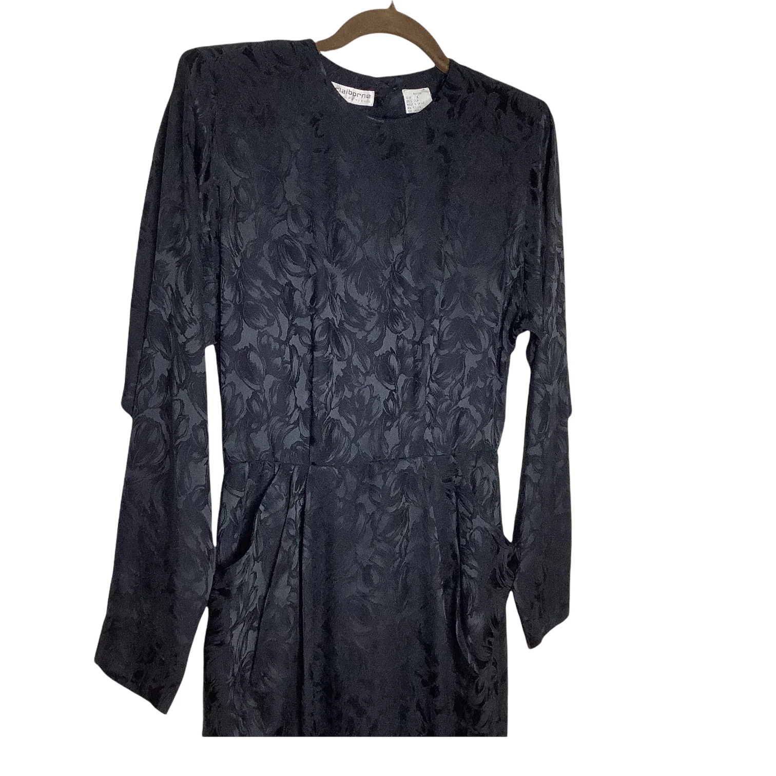 Vintage Dress 6p Floral Embossed Silk Sheath Long Sleeve Pockets Shoulder Pads by Liz Claiborne - Image 5