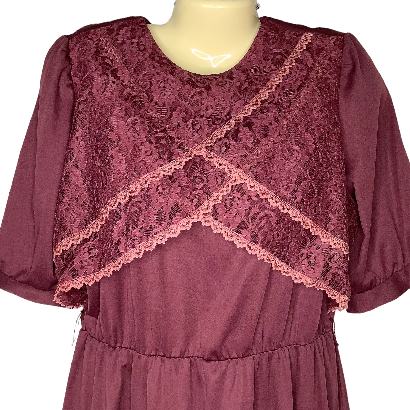 Vintage Dress 70s 80s Wine Layered Floral Lace Front Midi Short Sleeve Romantic by Cue - Image 5
