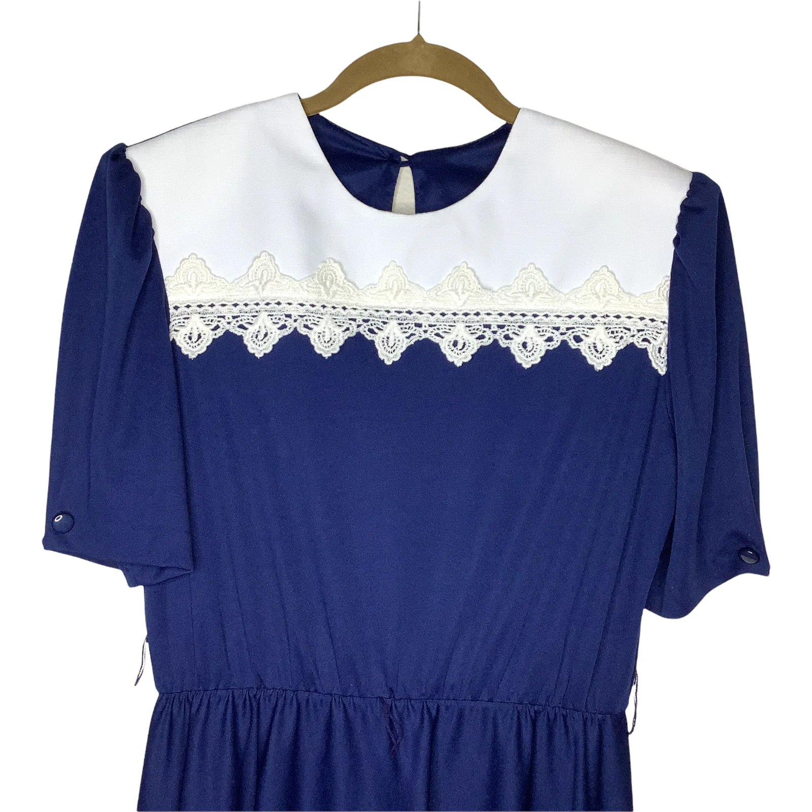 Vintage Dress 80s Handmade Crochet Lace Bib Secretary Teacher Elastic Waist M/l - Image 3