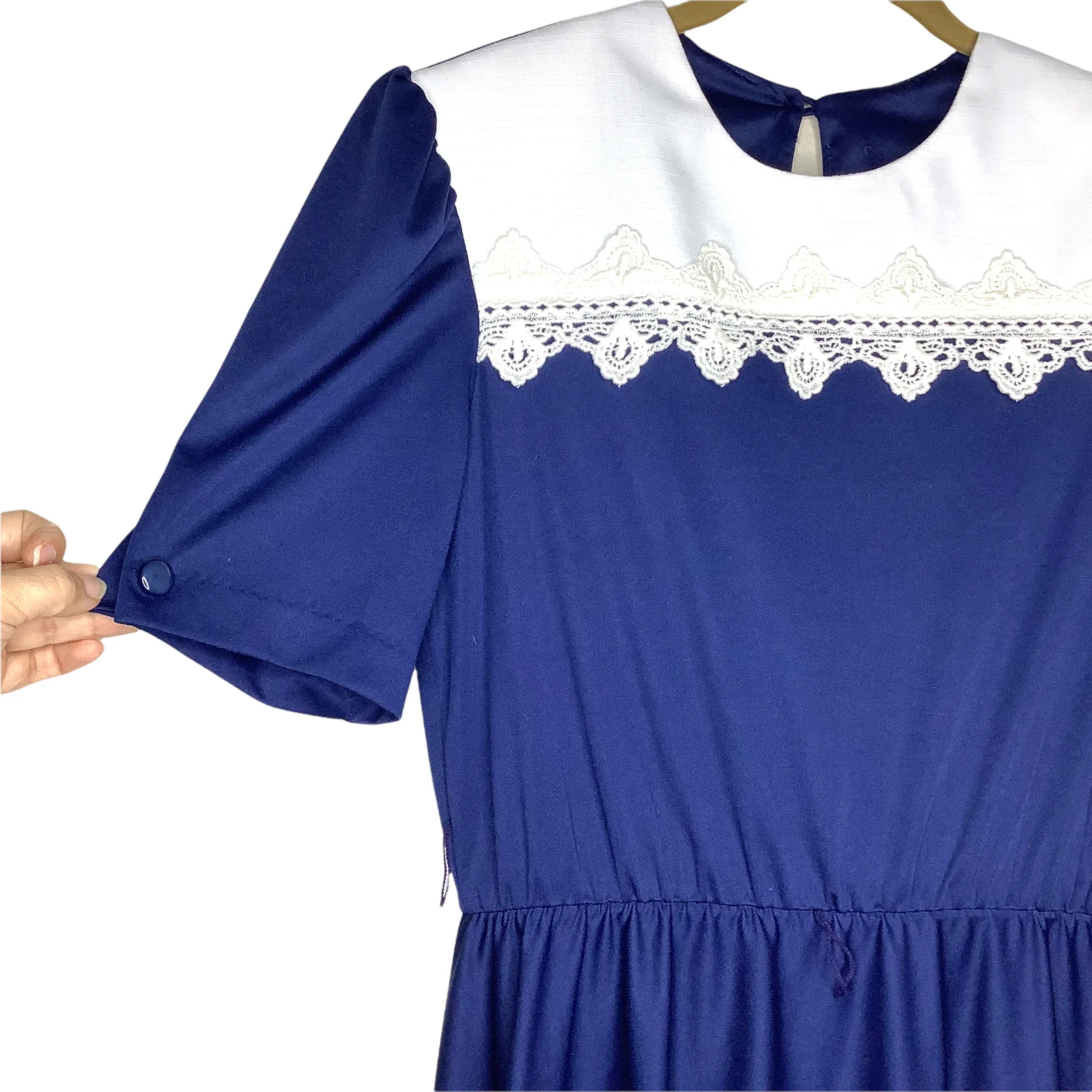 Vintage Dress 80s Handmade Crochet Lace Bib Secretary Teacher Elastic Waist M/l - Image 7