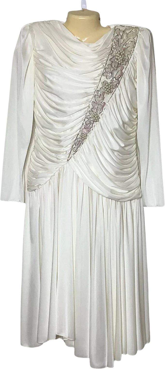 Vintage Dress 80s S Beaded Sequins Trim Ruched Jersey Knit Bias Cut Pleated Hem by Claralura
