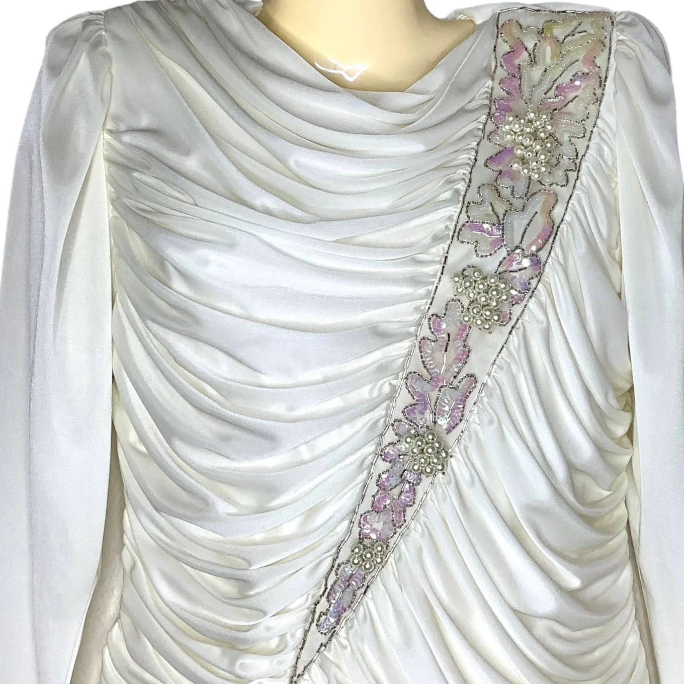 Vintage Dress 80s S Beaded Sequins Trim Ruched Jersey Knit Bias Cut Pleated Hem by Claralura - Image 3
