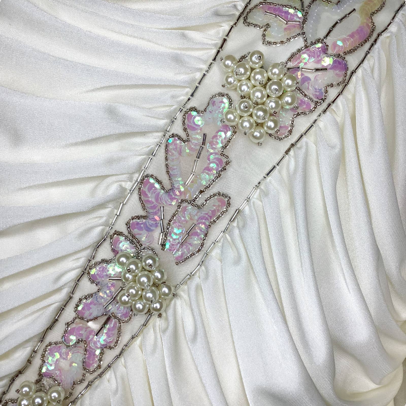 Vintage Dress 80s S Beaded Sequins Trim Ruched Jersey Knit Bias Cut Pleated Hem by Claralura - Image 5
