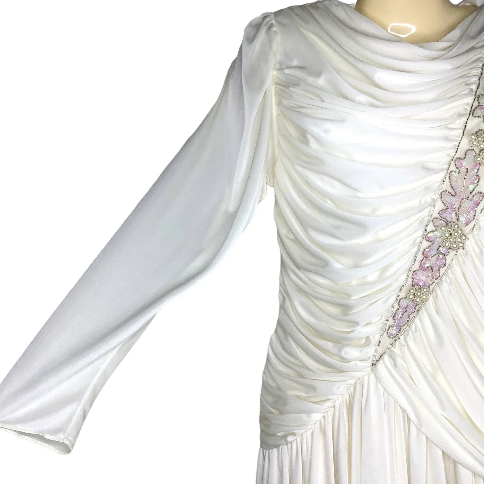 Vintage Dress 80s S Beaded Sequins Trim Ruched Jersey Knit Bias Cut Pleated Hem by Claralura - Image 7