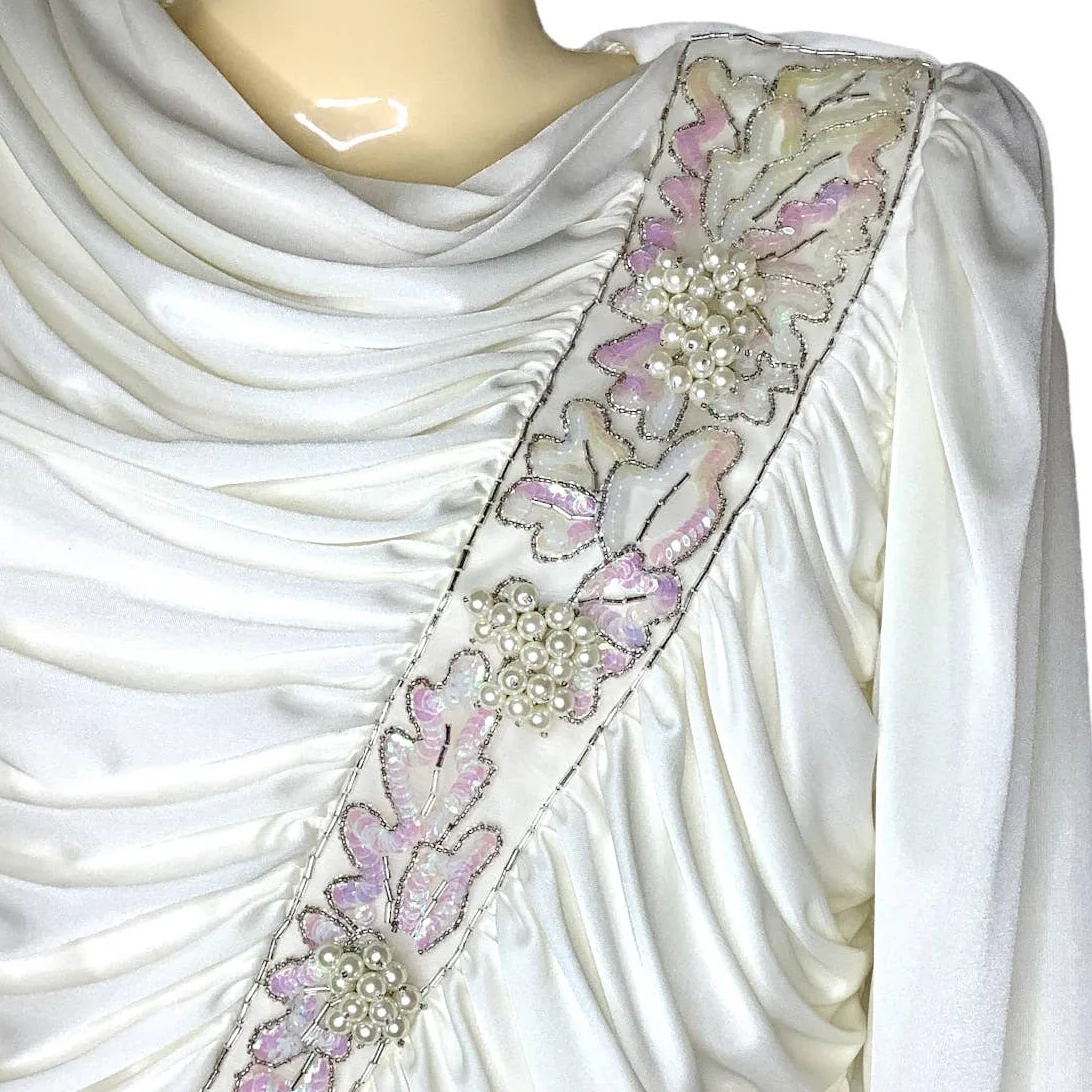 Vintage Dress 80s S Beaded Sequins Trim Ruched Jersey Knit Bias Cut Pleated Hem by Claralura - Image 8