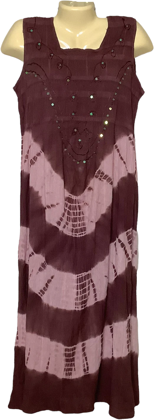 Vintage Dress 90s 00s Large Brown Pink Tie Dye Maxi Crepe Sequin Sleeveless by Kaaku