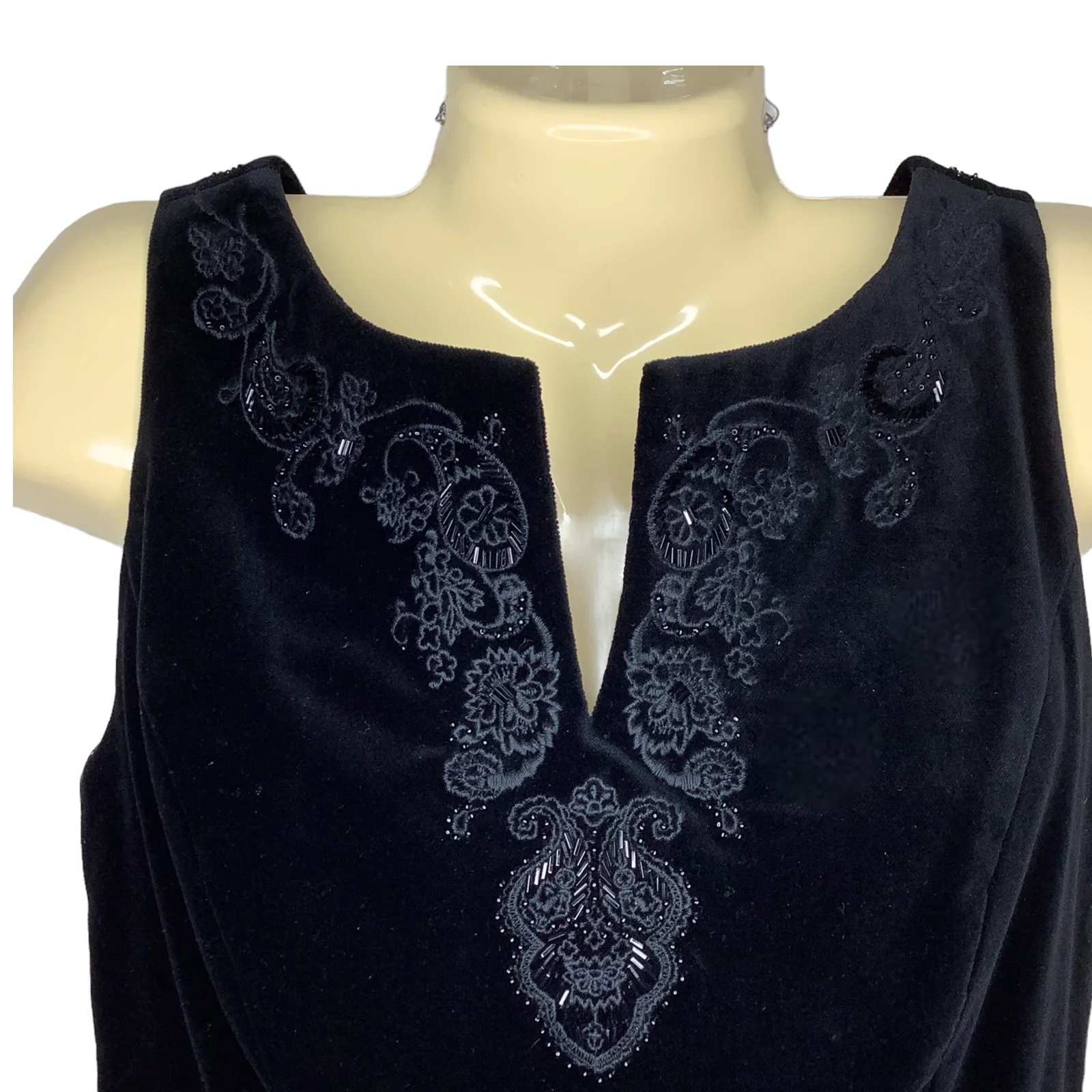 Vintage Dress 90s 00s Small Velvet Beaded Sleeveless Sheath V-Neck by Laura Ashley - Image 4