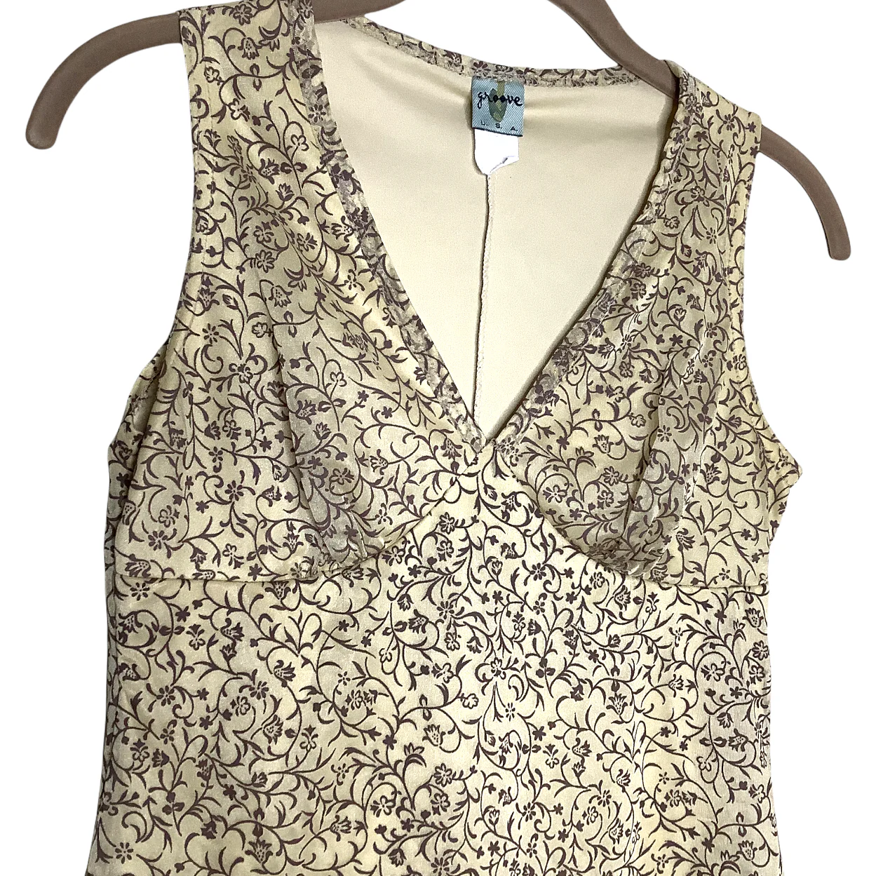 Vintage Dress 90s Light Sheen Floral Vine Sheer Overlay Sleeveless V-Neck Short - Image 3