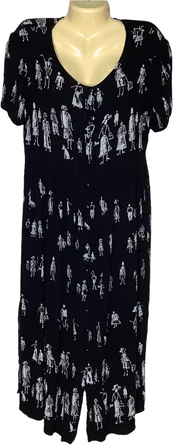 Vintage Dress 90s Novelty Print People Crepe Side Slits Button Short Sleeve Maxi by Betsy Lauren