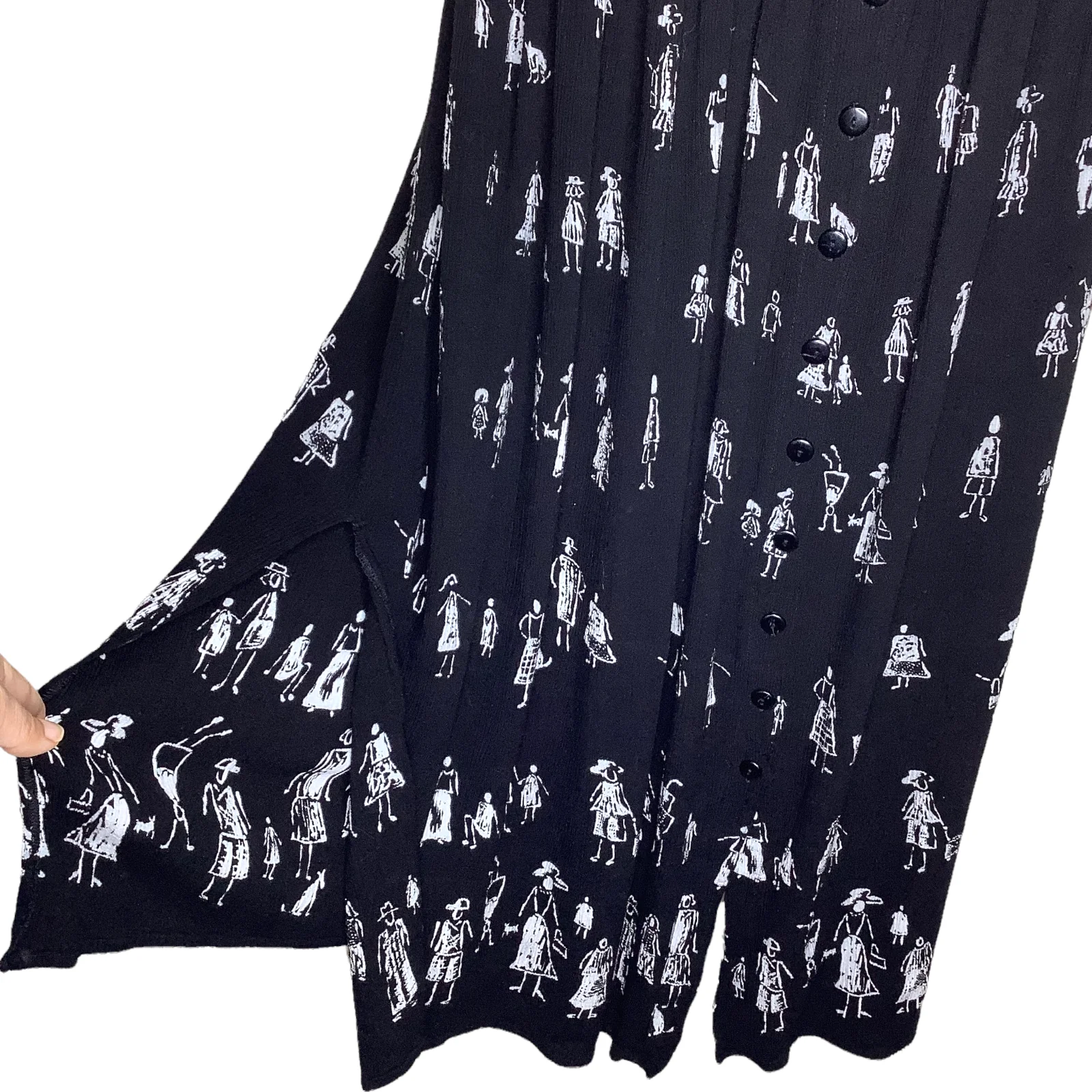 Vintage Dress 90s Novelty Print People Crepe Side Slits Button Short Sleeve Maxi by Betsy Lauren - Image 4