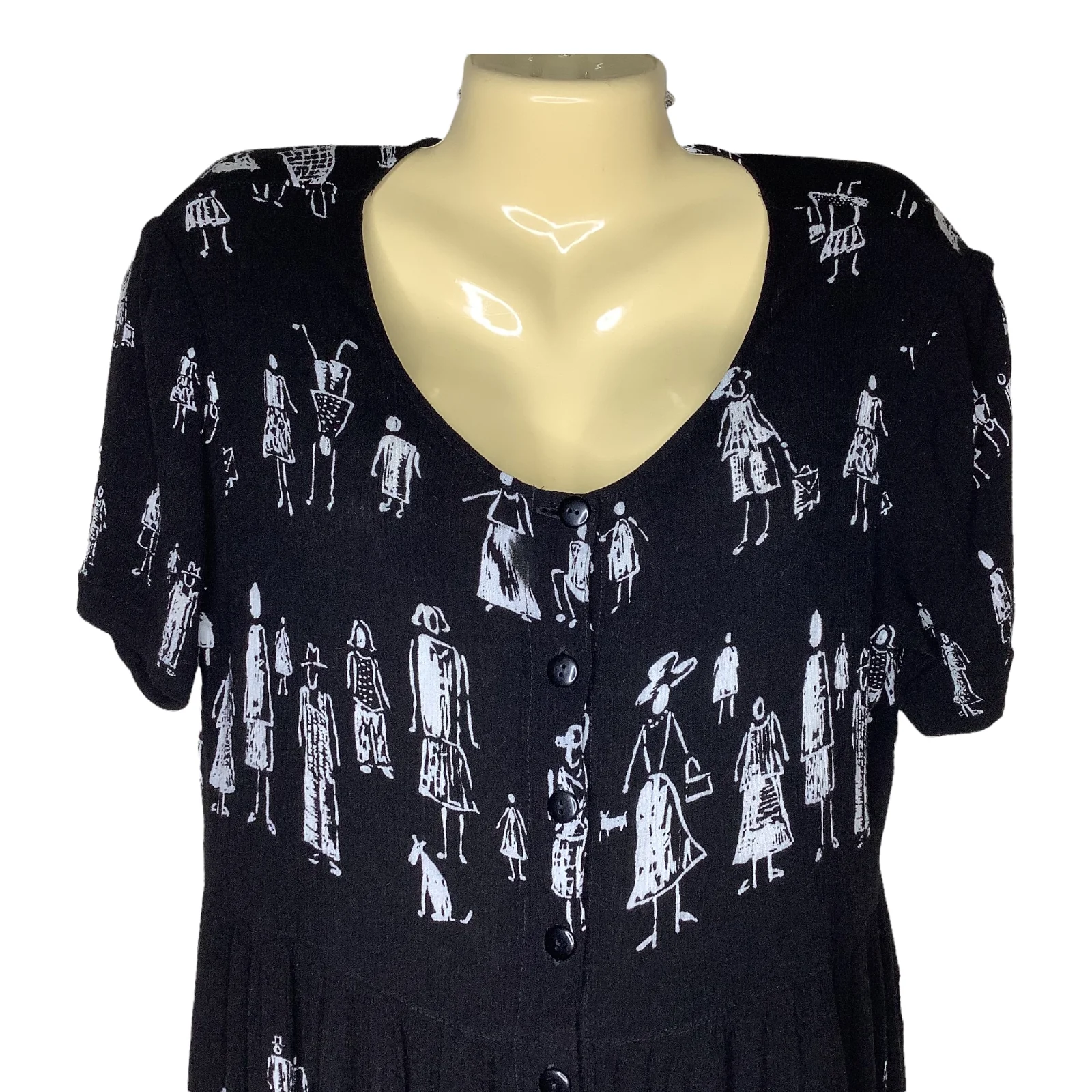 Vintage Dress 90s Novelty Print People Crepe Side Slits Button Short Sleeve Maxi by Betsy Lauren - Image 5