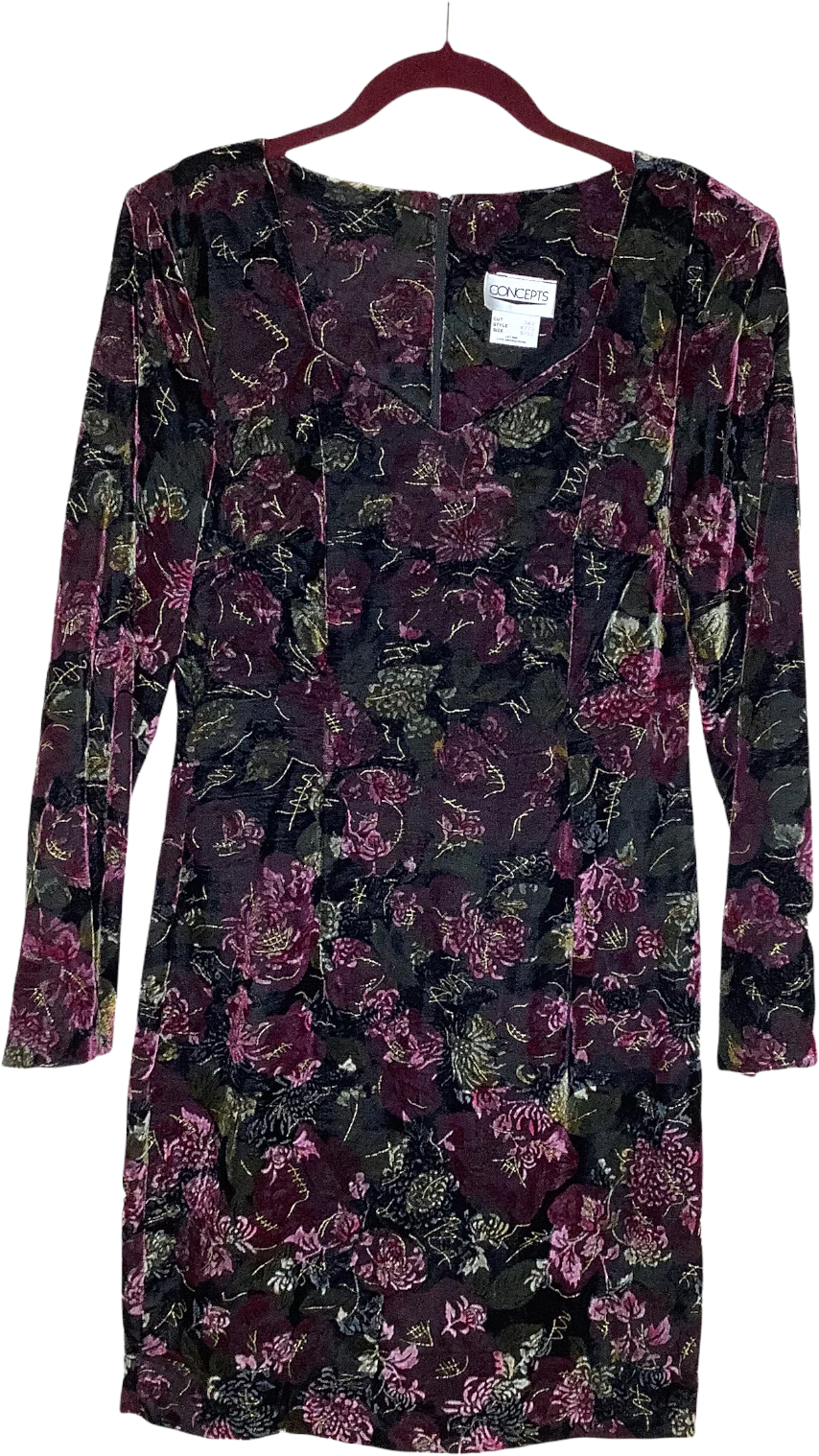Vintage Dress 90s Velvet Velour Floral Sheath 9/10 Prom Party Sweetheart Neck S by Concepts