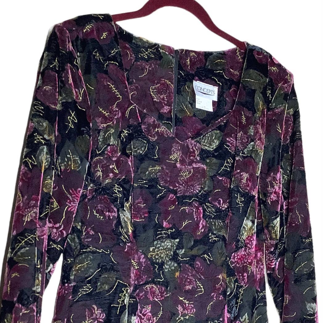 Vintage Dress 90s Velvet Velour Floral Sheath 9/10 Prom Party Sweetheart Neck S by Concepts - Image 5